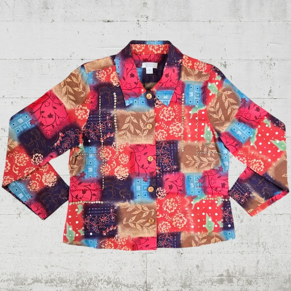 Colorful Floral Sequin Embroidery Wearable Art Button Front Jacket Size Medium
